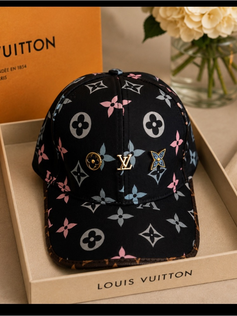 Black Monogram Floral Baseball Cap with Gold LV Pins